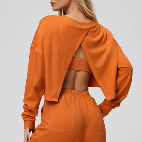 Γυναικείο Εξώπλατο Κοντό Φούτερ Στρογγυλή Λαιμόκοψη Μακρυμάνικο Τοπ Casual Αθλητικό Fitness Γυμναστήριο Πουλόβερ Μείγμα Βαμβακιού Μονόχρωμο Workout
