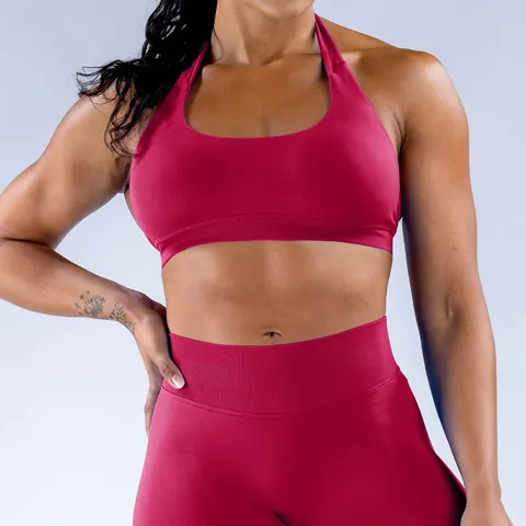 Conjunto de Yoga Sin Costuras para Mujer Sujetador Deportivo Halter y Parte Inferior de Talle Alto Nylon Spandex Gimnasio