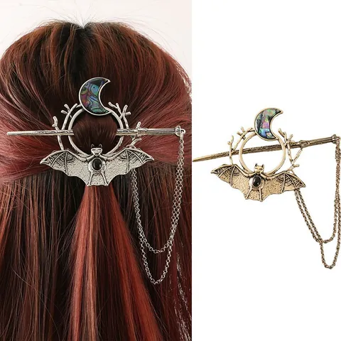 Vintage Gothic Bat Moon Hair Stick Antique Alloy Hair Pin With Long Tassel Chain Retro Hair Jewelry For Halloween Women
