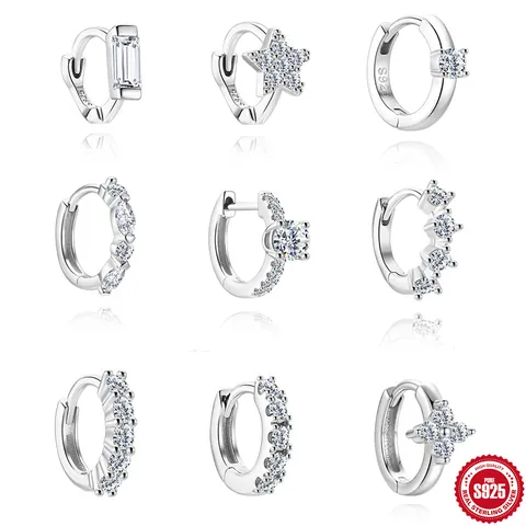 Boucles d'Oreilles Créoles Moissanite en Argent Sterling 925 Minimaliste Étoile Géométrique Électroplaqué Boucle d'Oreille Individuelle Bijoux Femme Cadeau