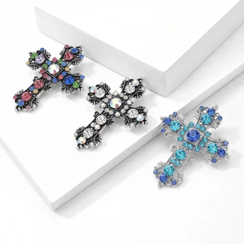 Vintage Alloy Rhinestone Cross Brooch Shiny Hollow Out Fashion Clothing Accessory Pin For Women