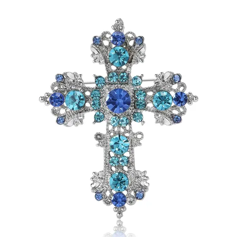 Vintage Alloy Rhinestone Cross Brooch Shiny Hollow Out Fashion Clothing Accessory Pin For Women