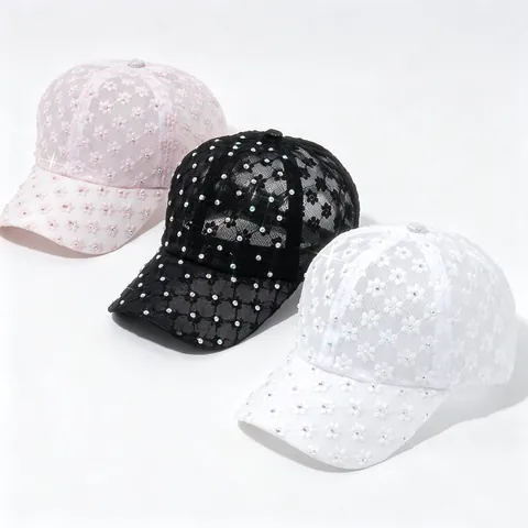 Women Sweet Floral Organza Baseball Cap Breathable Lace Mesh Sun Hat With Rhinestones Elegant Outdoor Adjustable Travel Hat