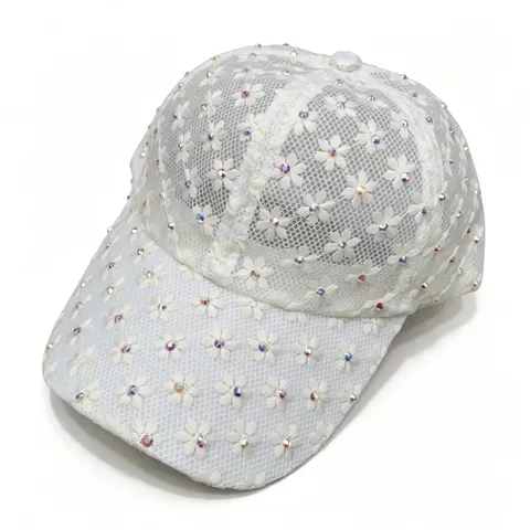Women Sweet Floral Organza Baseball Cap Breathable Lace Mesh Sun Hat With Rhinestones Elegant Outdoor Adjustable Travel Hat