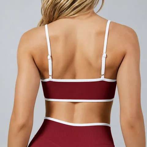 Women Seamless Contrast Color Thin Strap Sports Bra Shockproof Ribbed Yoga Tank Top For Gym Workout Fitness Wear
