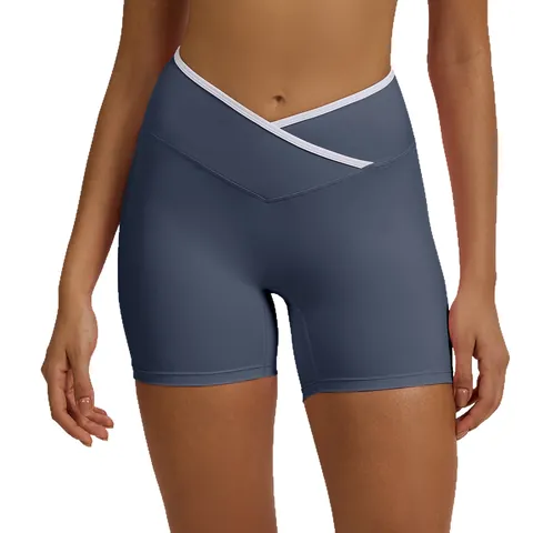 Pantaloncini da Yoga a Vita Alta Incrociata da Donna Asciugatura Rapida Effetto Nudo Push Up Glutei Shorts Sportivi Bordo a Contrasto