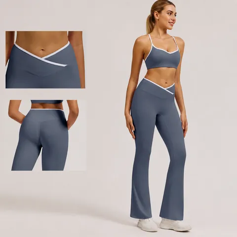 Women Contrast Color Yoga Set Crisscross High Waist Leggings Backless Sports Bra Top And Bottom Activewear Fitness Suit