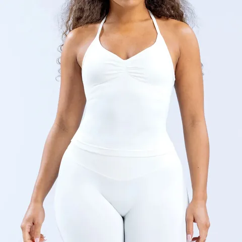 Women Seamless Halter Sports Tank Top High Elastic Matte Nylon Ruched V-Neck Workout Camisole With Chest Pads Fitness Yoga Top