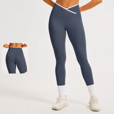 Pantaloni da Yoga Donna a Vita Alta Incrociati Blocchi di Colore Leggings Sportivi Effetto Nudo per Palestra Fitness Corsa Sport Bottom