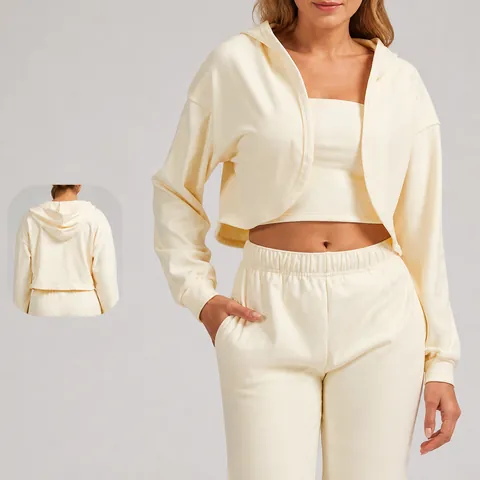 Sweat à Capuche Court Ajusté pour Femmes Vêtements de Sport Thermiques Manches Longues Zippé Veste de Fitness Haut à Capuche