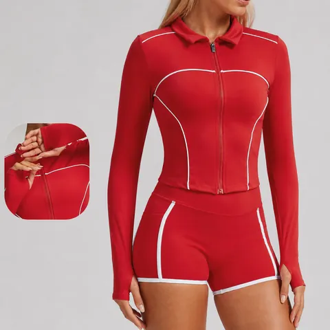 Ensemble de Yoga en Nylon et Élasthanne pour Femmes Couleur Contrastée Haute Élasticité Vêtements de Sport Top Et Bottom Ensemble d'Entraînement Respirant Avec Fermeture Éclair et Passe-pouces