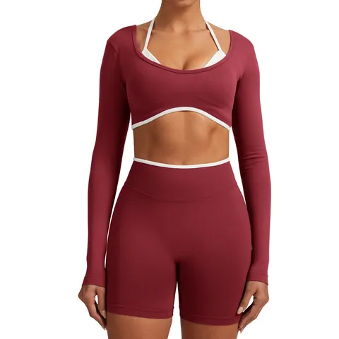 Seamless False Two Piece Yoga Long Sleeve Top And Bottom Women Running Fitness Sports Suit Workout Gym Activewear