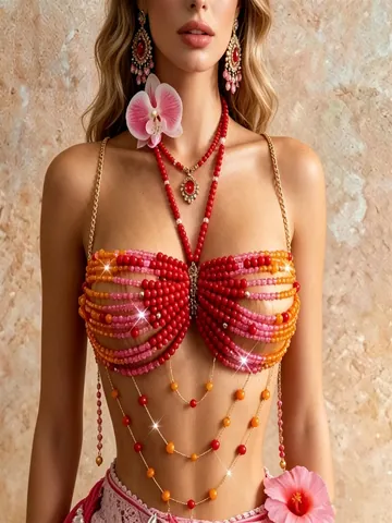 Women Sexy Acrylic Beaded Halter Body Chain Hollow Out Tube Top Bohemian Beach Festival Bikini Rave Bra Body Jewelry Accessories