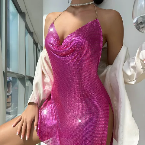 Women Sexy Backless Metallic Mesh Sequin Halter Neck V Neck Nightclub Slit Dress Metal Sparkly Party Mini Top Dress Clubwear