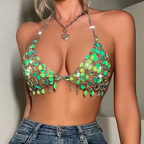 Women's Sexy Iridescent Leaf Sequin Halter Top Handmade Metal Chain Clubwear Bralette Fashion Party Top Iridescent Green