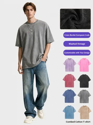 Βαρύ Χτενισμένο Βαμβακερό Πλυμένο T-Shirt Αμερικάνικο Vintage Streetwear Πεσμένοι Ώμοι Χαλαρό Κοντό Μανίκι Ανδρικό Top