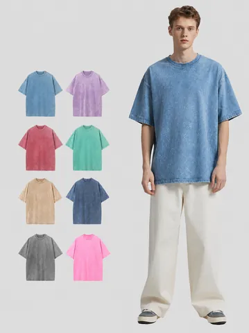 T-Shirt Homme Oversize Délavé en Coton Poids Lourd Épaules Tombantes Streetwear Vintage Col Rond Manches Courtes