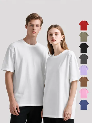 T-Shirt à Manches Courtes en Coton Peigné Poids Lourd pour Hommes Coupe Large Streetwear Col Rond Couleur Unie