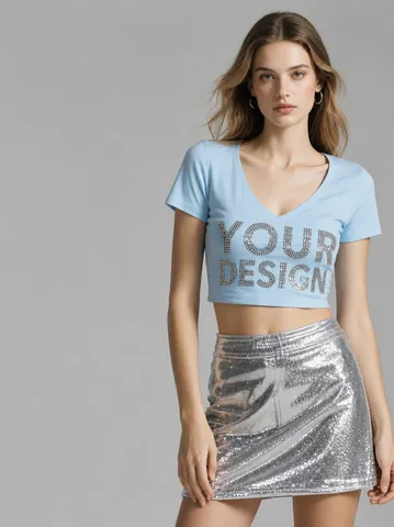 Camiseta Corta de Algodón para Mujer Manga Corta Básica Color Sólido Cuello Redondo Bordado Streetwear Top