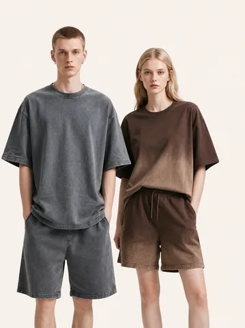 T-Shirt Ou Short pour Hommes en Coton Délavé Vintage Dégradé Décontracté Coupe Large Streetwear Haut Et Bas