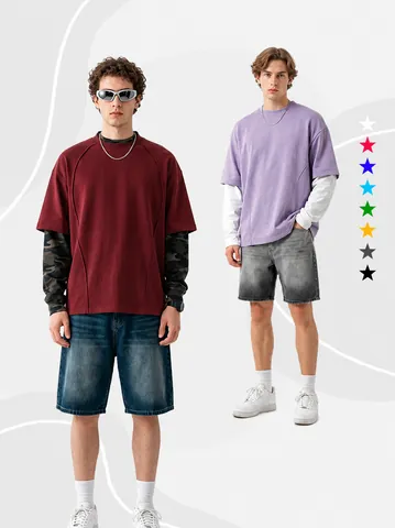Camiseta Informal de Manga Larga para Hombre Falsa de Dos Piezas con Capas Algodón Hombro Caído Jersey Holgado Estilo Coreano