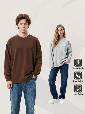 Herren Mode Gekämmte Baumwolle Langarm T-Shirt Rundhals Einfarbig Loose Fit Lässig Atmungsaktiv Frühling Herbst Top