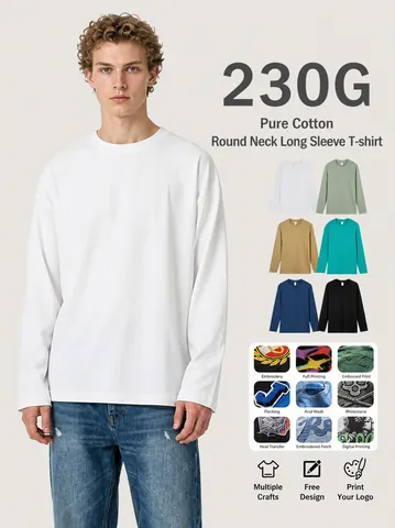 Ανδρικό Μακρυμάνικο T-Shirt από Βαρύ Χτενισμένο Βαμβάκι Φαρδιά Γραμμή Αμερικάνικο Ρετρό Λαιμόκοψη Κεντημένο Casual Μπλούζα
