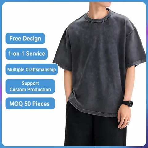 Ανδρικό Αμερικανικό Vintage Πλυμένο Βαμβακερό T-Shirt Heavyweight Oversized Πεσμένοι Ώμοι Κοντό Μανίκι Hip Hop