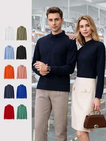 Men's Long Sleeve Polo Shirt Cotton Pique Fabric Lapel Collar Top And Bottom Group Uniform Solid Color Casual Business Tops