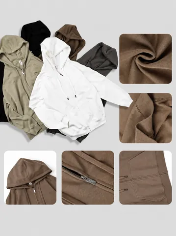 Men Vintage Heavyweight Hoodie Zipper Cardigan Cotton Blend Loose Fit Hooded Sweatshirt Fleece Jacket Outerwear For Men