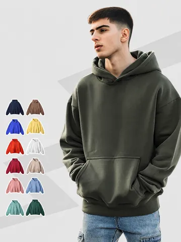 Men's Heavyweight Cotton French Terry Hoodie Oversized Solid Color Pullover Streetwear Long Sleeve Outerwear For Autumn Winter