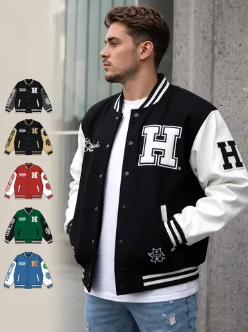 Men American Vintage Varsity Jacket Polyester Patchwork Loose Fit Streetwear Baseball Jacket Stand Collar Top