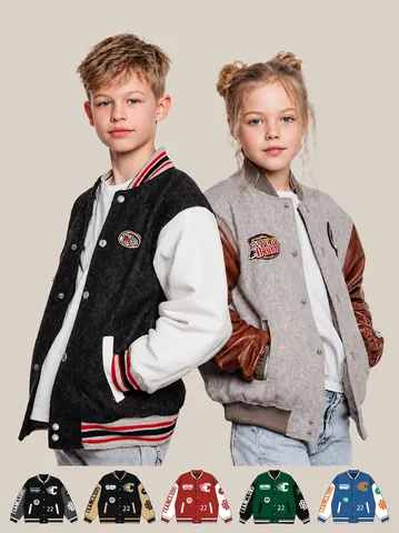 Vintage Varsity Jacket Padded Cotton Baseball Coat Color Block Patchwork Embroidered School Team Jacket For Kids Adult