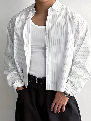 Men's Casual Striped Shirt Polyester Long Sleeve Loose Fit Lapel Button Up Fashion Top For Daily Commuting Office Wear