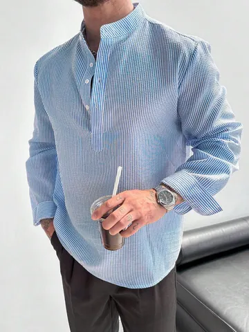 Men Casual Striped Long Sleeve Shirt Mandarin Collar Seersucker Texture Polyester Pullover Top For Spring Autumn Fashion