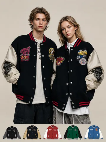 Veste Varsity American High Street pour Hommes Hiver Épaisse Rembourrée Raglan Patchwork Manteau Broderie Streetwear Top