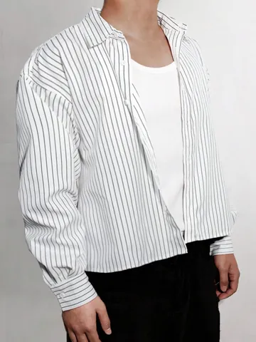 Men's Casual Striped Shirt Polyester Long Sleeve Loose Fit Lapel Button Up Fashion Top For Daily Commuting Office Wear