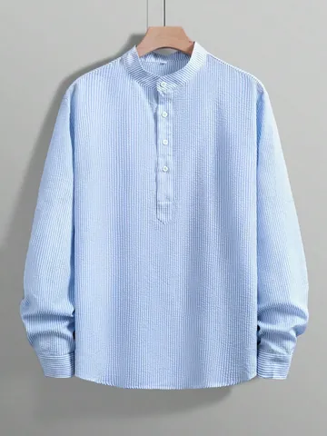 Men Casual Striped Long Sleeve Shirt Mandarin Collar Seersucker Texture Polyester Pullover Top For Spring Autumn Fashion