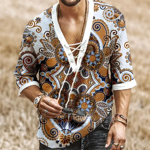 Men Bohemian Paisley Print Shirt V Neck Lace Up Half Sleeve Cotton Linen Relaxed Fit Ethnic Casual Holiday Top