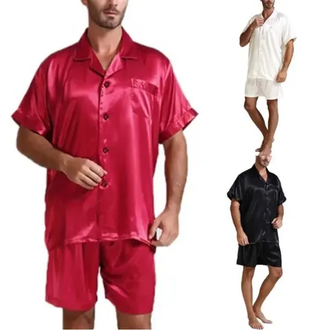 Men's Summer Cotton Blend Pajama Set Solid Color Short Sleeve Lapel Button Top And Bottom Casual Sleepwear Home Wear Nightwear