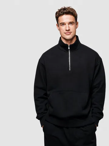 Men's Heavyweight Cotton Blend Half Zip Stand Collar Sweatshirt Long Sleeve Drop Shoulder Loose Pullover Sporty Top