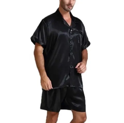 Men's Summer Cotton Blend Pajama Set Solid Color Short Sleeve Lapel Button Top And Bottom Casual Sleepwear Home Wear Nightwear