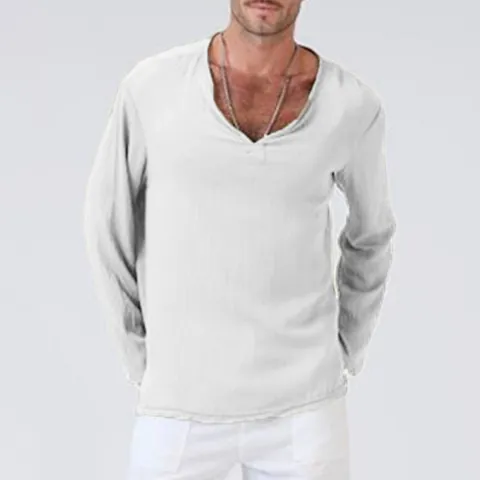 Heren Casual Katoen Lange Mouw T-Shirt Etnische Stijl V-hals Effen Kleur Losse Pasvorm Retro Henley Shirt Voor Vakantie