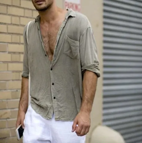 Men's Casual Cotton Linen Long Sleeve Shirt Button Down Lapel Solid Color Fashion Top With Chest Pocket