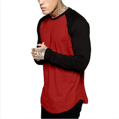 Men's Casual Color-Block Raglan Long Sleeve T-Shirt With Curved Hem Round Neck Cotton Blend Athletic Top For Daily Wear
