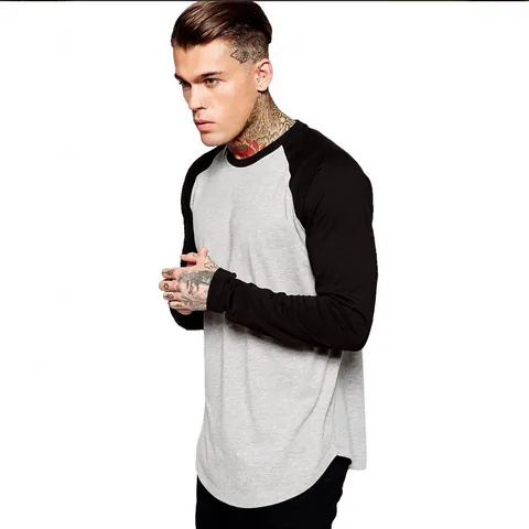 Men's Casual Color-Block Raglan Long Sleeve T-Shirt With Curved Hem Round Neck Cotton Blend Athletic Top For Daily Wear