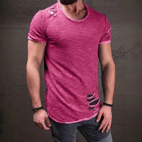 Men's Fashion Ripped T-Shirt Short Sleeve Distressed Cotton Tee Casual Crew Neck Loose Fit Summer Top