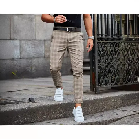 Men Casual Plaid Pants Lightweight Polyester Nylon Spliced Bottom Loose Fit Chinos Everyday Work Trousers For Men