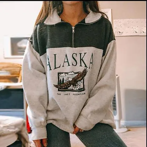 Women Fashion Polyester Color Block Quarter Zip Hoodie Oversized Long Sleeve Printed Pullover Sweatshirt Casual Autumn Top