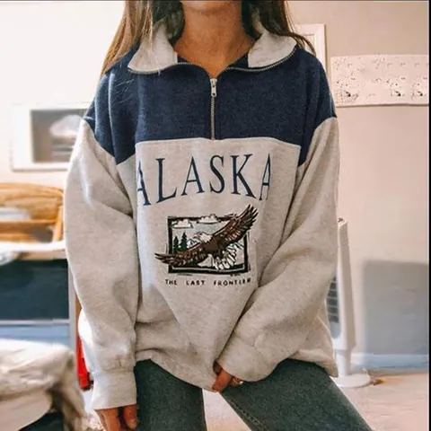 Women Fashion Polyester Color Block Quarter Zip Hoodie Oversized Long Sleeve Printed Pullover Sweatshirt Casual Autumn Top